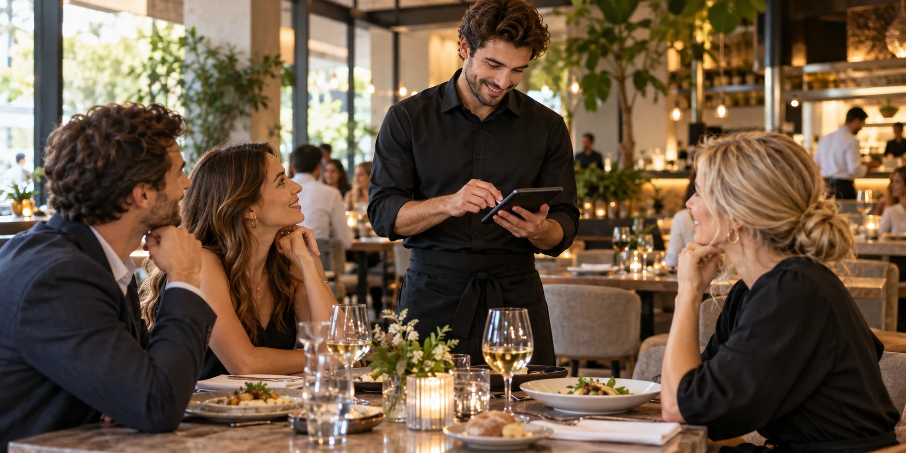 Cambrer prenent una comanda amb un dispositiu mòbil en un restaurant modern